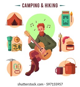 Camping flat set with hiking equipment vector icons set