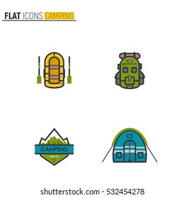 Camping flat style line icons. Rubber boat with paddle, green andventure backpack and round tent. Camp mountain with snow text emblem.