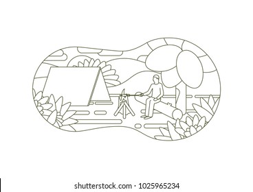 Camping flat vector art, green stroke