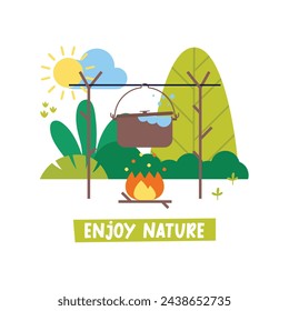 Camping flat vector greeting card bonfire, pot, food, sun, cloud, trees and plants. Holiday trip, vacation on nature. Lettering Enjoy Nature
