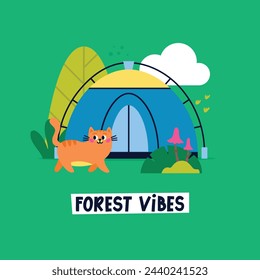 Camping Flat Vector Grußkarte mit Zelt, Katze, Sonne, Wolke, Bäumen und Pflanzen. Urlaub, Urlaub in der Natur. Beschriftung Wald Vibes