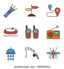 Camping flat vector icon set for web and mobile applications. Set includes - singpost, map pin, music radio, fishing rod, flashlight, canoe,  shower, mosquito. Logo, pictogram, icon.