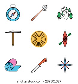 Camping flat vector icon set for web and mobile applications. Set includes - compass, marshmallov, road, ice axe, rope, canoe, penknife, mat, wind rose. Logo, pictogram, icon, infographic element.