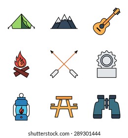 Camping flat vector icon set for web and mobile applications. Set includes - tent, mountain, guitar, bonfire, arrows, canned, lantern, table, binoculars. Logo, pictogram, icon, infographic element.
