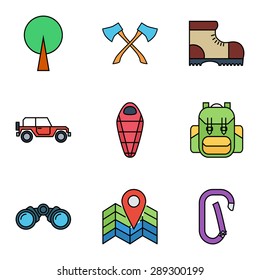 Camping flat vector icon  for web and mobile. Set includes - tree, axes, camping shoes, offroad car, sleeping bag, bagpack,map pin, binoculars, carabiner. Logo, pictogram, icon, infographic element.
