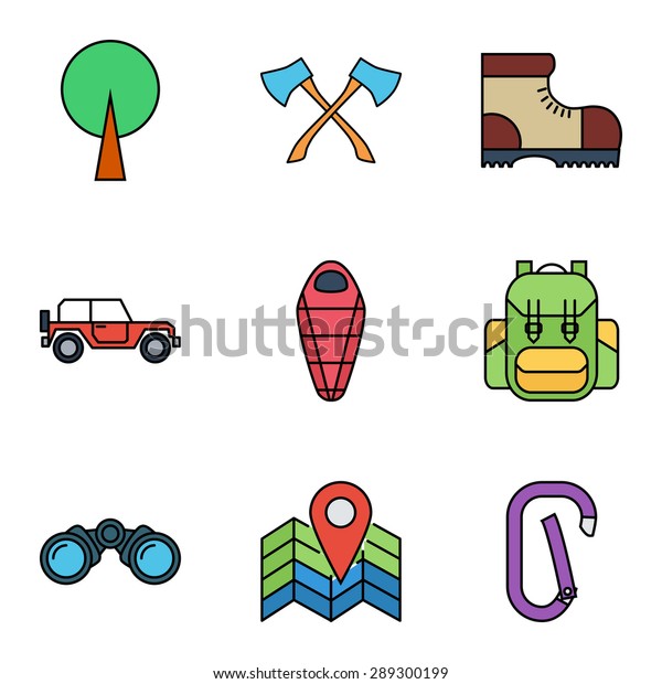 Camping flat vector icon  for web and mobile.\
Set includes - tree, axes, camping shoes, offroad car, sleeping\
bag, bagpack,map pin, binoculars, carabiner. Logo, pictogram, icon,\
infographic element.