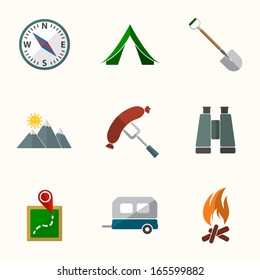 Camping flat vector icons set