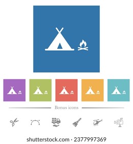 Camping flat white icons in square backgrounds. 6 bonus icons included.