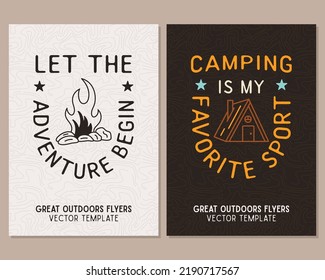 Camping flyer templates. Travel adventure posters set with line art and flat emblems and quotes - Let the adventure begin. Summer A4 cards for outdoor parties. Stock vector