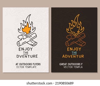 Camping Flyer Templates. Travel Adventure Posters Set With Line Art And Flat Emblems And Quotes - Enjoy The Adventure. Summer A4 Cards For Outdoor Parties. Stock Vector