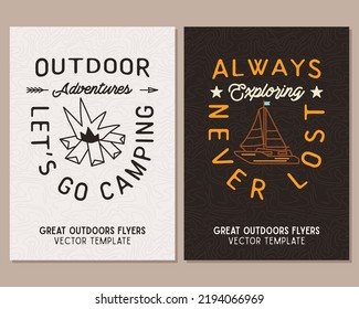 Camping flyer templates. Travel adventure posters set with line art and flat emblems and quotes - lets go camp. Summer A4 cards for outdoor parties. Stock vector