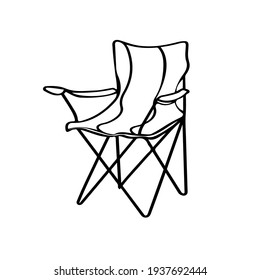 Camping folding chair with backrest outline vector. Travel portable chair for outdoor, beach, garden. Fishing armchair, picnic time comfortable seat illustration. 