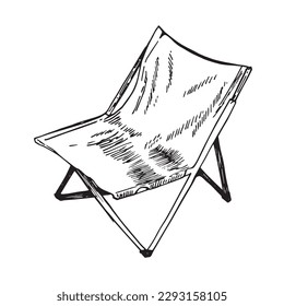 Camping folding chair with backrest outline vector. Travel portable chair for outdoor, garden. Fishing armchair, picnic comfortable seat illustration.