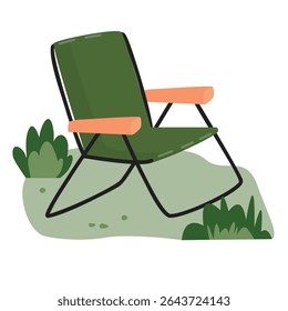 Acampamento cadeira dobrável em um gramado com plantas. Ilustração de desenhos animados com equipamento de recreação ao ar livre. Design vetorial sobre fundo branco. Confortável passatempo no conceito da natureza. Para uso em banner, cartão.