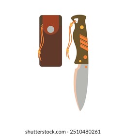 Camping folding knife and matching leather sheath isolated on a white background, camping gear vector illustration