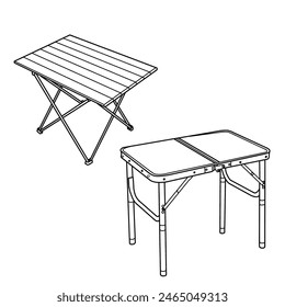 Mesa plegable de camping portátil para actividades al aire libre, mesa compacta. Plantilla de contorno plano de Ilustración vectorial