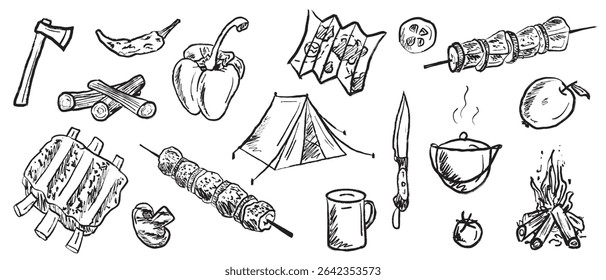 Camping food, barbeque concept in black brush stroke texture isolated on white. Hand drawn vector sketch illustration in vintage charcoal ink. Tent, grilled ribs, doner kebab, bonfire, pepper