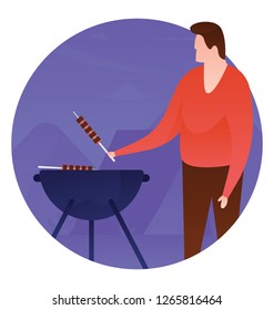Camping food flat rounded icon, outdoor cooking 