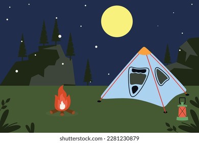 Camping in forest. Adventure vacation. Hiking tourism. Night nature landscape. Nighttime campground scenery. Fir trees. Tent and bonfire. Tourist caravan car. Vector campsite panorama illustration