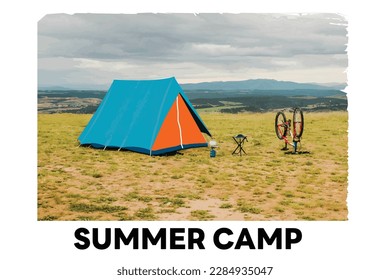 Camping in forest. Adventure vacation. Hiking tourism. Night nature landscape. Nighttime campground scenery. Fir trees. Tent and bonfire. Tourist caravan car. Vector campsite panorama illustration