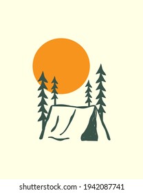 Camping im Wald vor der Sonne, Vektordesign, Teedesign, T-Shirt Art