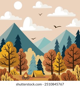 Camping in the forest. Autumn landscape in retro colors. Mountains, trees, tent and fire. Autumn background in minimalist style. Vector illustration