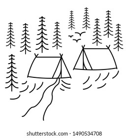 camping in a forest . Beautiful minimalist vector illustration.linear style sign for mobile concept and web design. simple line vector icon.