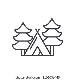 Camping in the forest black icon concept. Camping in the forest flat  vector symbol, sign, illustration.