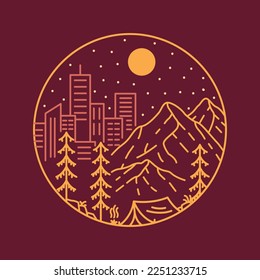 Camping in the Forest and Campfire with Mountains and Skyline Background Monoline Design for Apparel