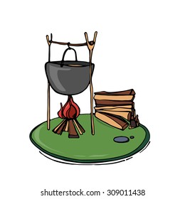 Camping in forest with campfire. vector illustration. 