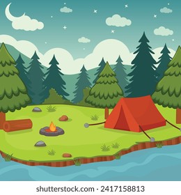 Acampada en la hoguera del concepto forestal y tienda roja