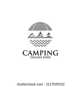 Camping Forest design logo consisting of mountains, camp and bonfire in line style for cruising emblem, hiking sticker, tourist symbol, travel badge, expedition label, poster, banner, t-shirt