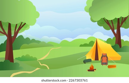 Camping. Forest glade and tent, fire, backpack. Landscape illustration. Vector drawing. For books and brochures, covers, web pages and social networks, flyers and advertisements.