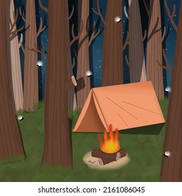 Camping im Wald mit handgezeichnet