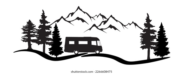 Camping in der Waldlandschaft Panorama-Vektorgrafik für Logo - Silhouette von Tannenbäumen, Bergen und Camper einzeln auf weißem Hintergrund	
