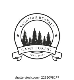Camping at forest logo vintage vector illustration template icon graphic design.