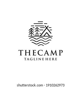 Camping Forest logos consisting of mountains, camp and trees line style isolated for explore emblem, hiking sticker, tourist symbol, travel badge, expedition label, poster, banner, t-shirt