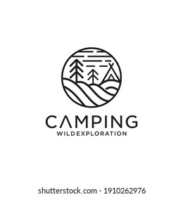 Camping Forest logos consisting of mountains, camp and trees line style isolated for explore emblem, hiking sticker, tourist symbol, travel badge, expedition label, poster, banner, t-shirt