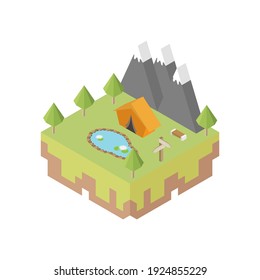 Camping in forest with mountains isometric 3d. Landscape icon. Vector illustration.