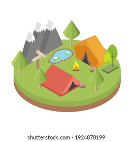 Camping en el bosque con montañas isométricas 3d. Icono de paisaje. Ilustración vectorial.