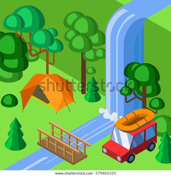 Camping in the forest near the\
waterfall with orange  camping tent and car with raft on the top.\
