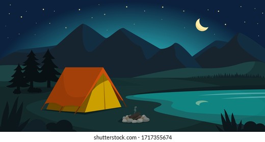 Camping en el bosque por la noche, el concepto de aventura y turismo