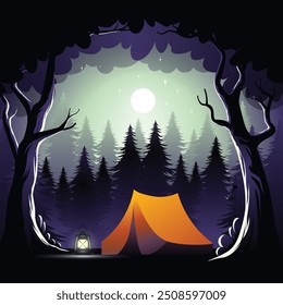 Camping in the forest at night, creepy and horror camp vector illustration