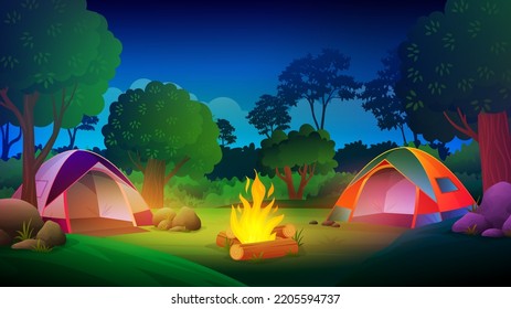 Camping in the forest at night with different tent, lights campfire, trees, cartoon landscape