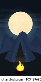 Camping in Forest at Night. Flat design Style.
