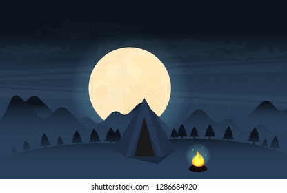 Camping in Forest at Night. Flat design Style.