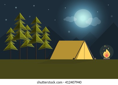Camping in Forest at Night. Flat design Style. 
