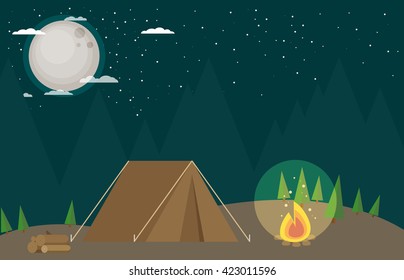 Camping in Forest at Night. Flat design Style.