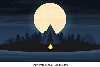 Camping in Forest at Night. Flat design Style.