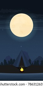 Camping in Forest at Night. Flat design Style.